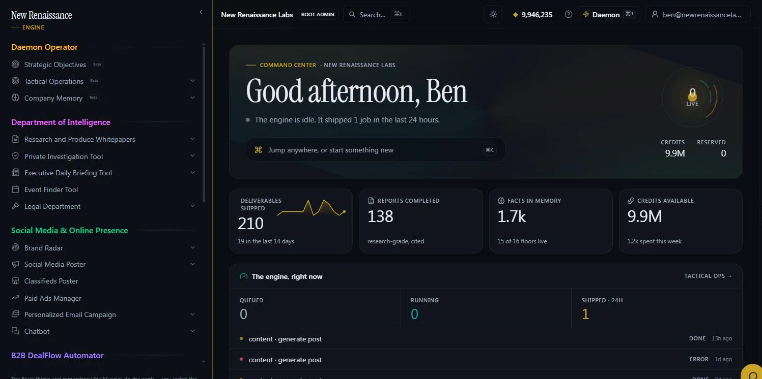 The Command Center of a portfolio company: the live-state headline, credits available and reserved, vitals with fourteen-day sparklines, the pipeline of queued, running and shipped jobs, and the launchpad of one-click missions.