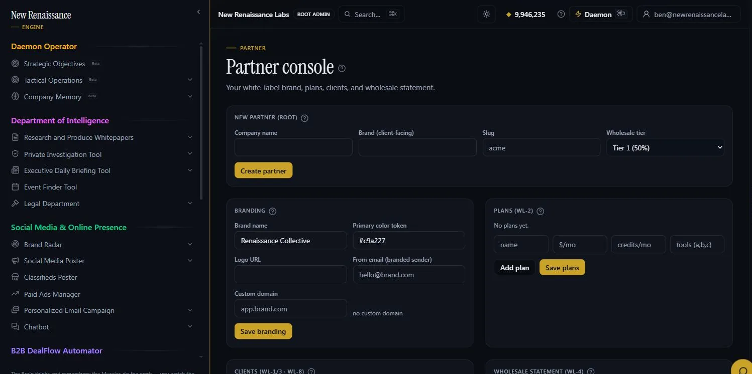 Partner console: create a partner with brand name, slug and wholesale tier; branding with brand name, primary colour token, logo, from-email and custom domain; the plan builder.