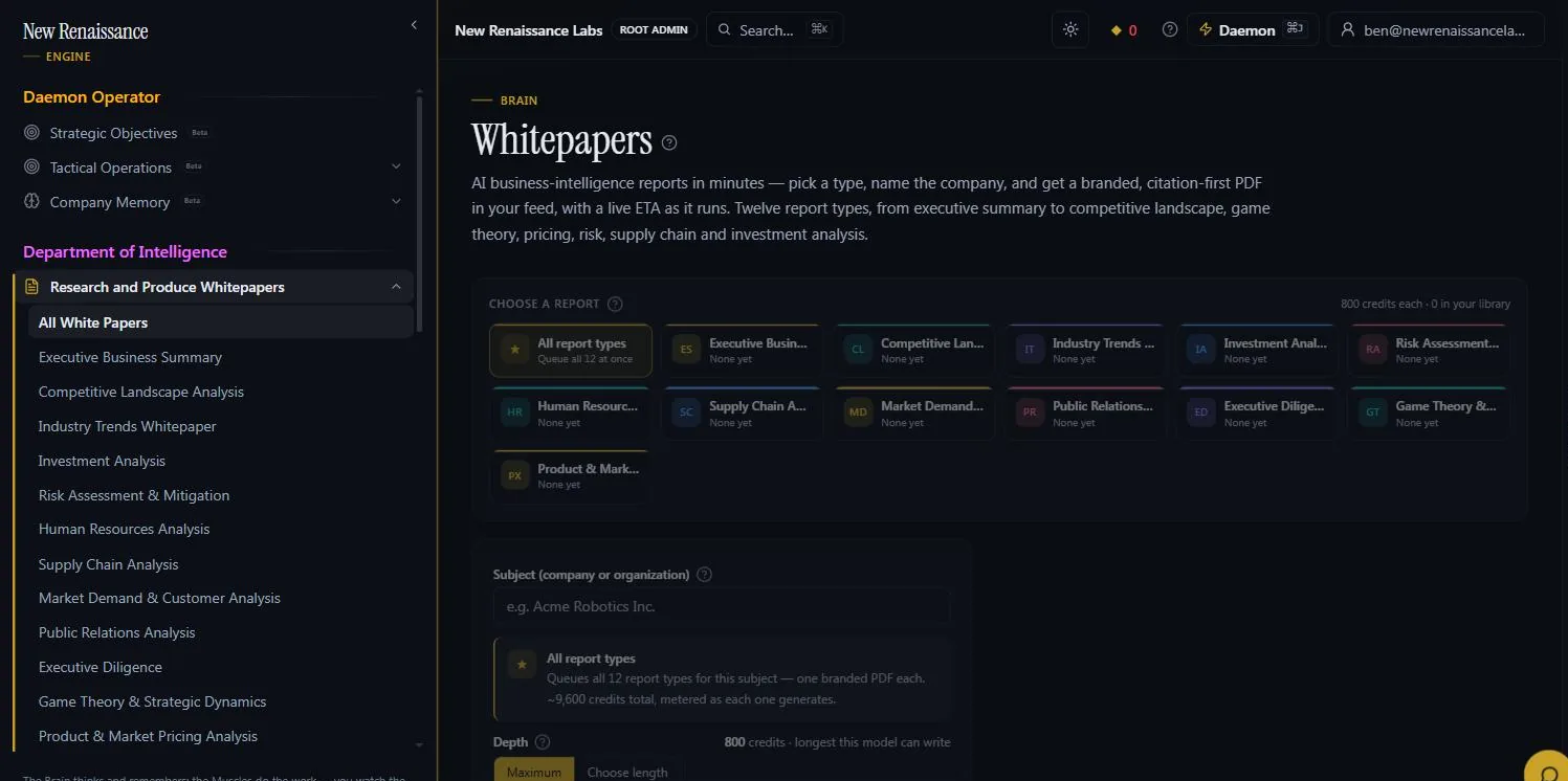 The whitepaper desk: choose a report type from the gallery, name the subject, pick a depth; the credit estimate is shown before ordering.